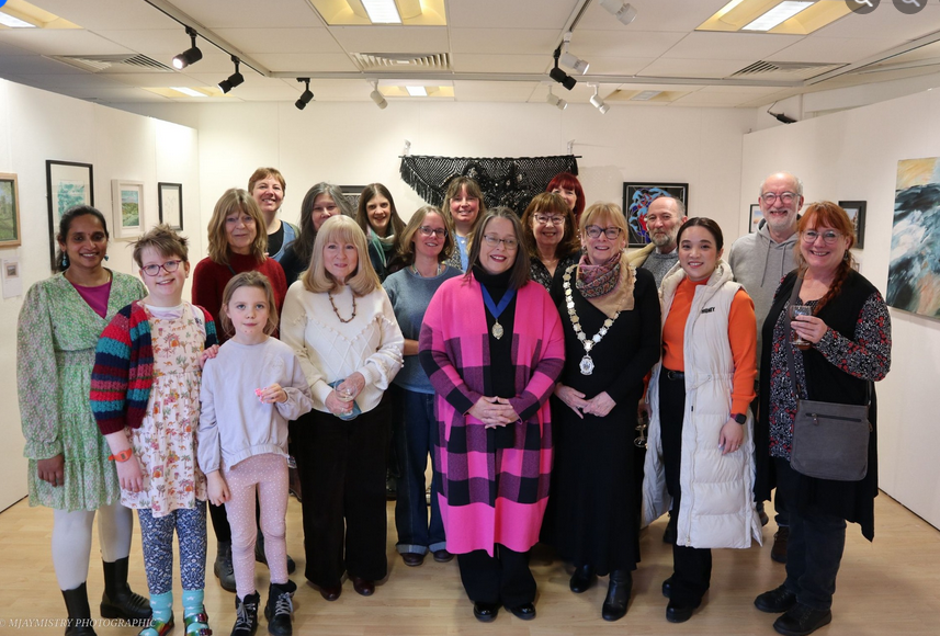 Group shot of artists and Cllr Barbara Brown in Rugby's Floor One Gallery